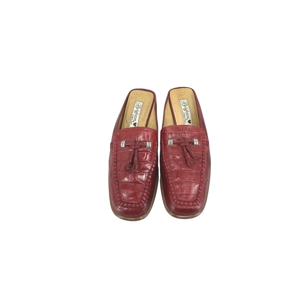 Brighton Julie Women's 7.5 Red Tasseled Croc Leather Loafer Mule Shoe Quiet Luxe
